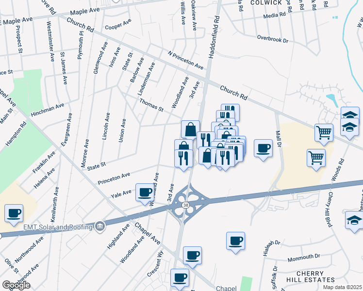 map of restaurants, bars, coffee shops, grocery stores, and more near 321 3rd Avenue in Cherry Hill