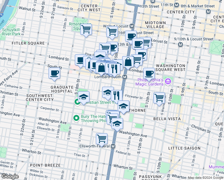 map of restaurants, bars, coffee shops, grocery stores, and more near 721 South 15th Street in Philadelphia