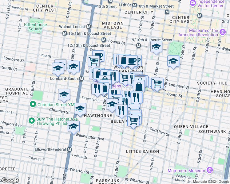 map of restaurants, bars, coffee shops, grocery stores, and more near 1109A Bainbridge Street in Philadelphia