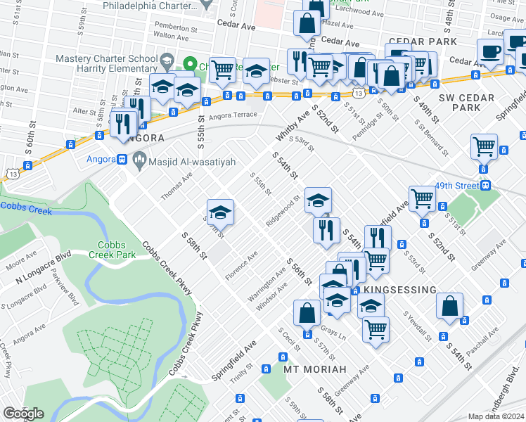 map of restaurants, bars, coffee shops, grocery stores, and more near 5533 Pentridge Street in Philadelphia