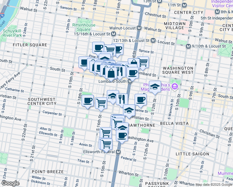 map of restaurants, bars, coffee shops, grocery stores, and more near 721 South 15th Street in Philadelphia