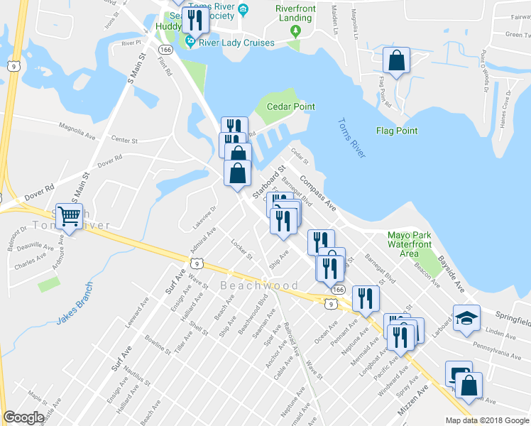 map of restaurants, bars, coffee shops, grocery stores, and more near 125 Atlantic City Boulevard in Beachwood