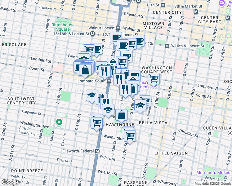 map of restaurants, bars, coffee shops, grocery stores, and more near 706 South Juniper Street in Philadelphia