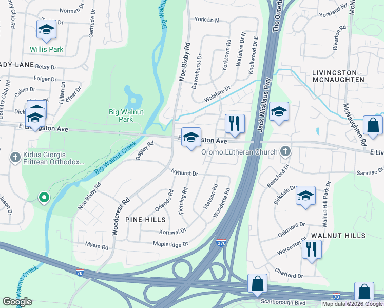 map of restaurants, bars, coffee shops, grocery stores, and more near 5321 East Livingston Avenue in Columbus