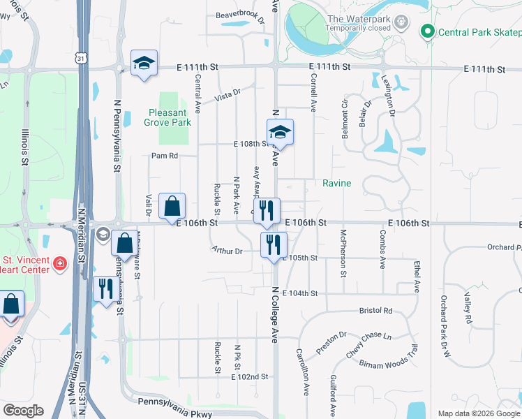 map of restaurants, bars, coffee shops, grocery stores, and more near 10637 Broadway Avenue in Indianapolis