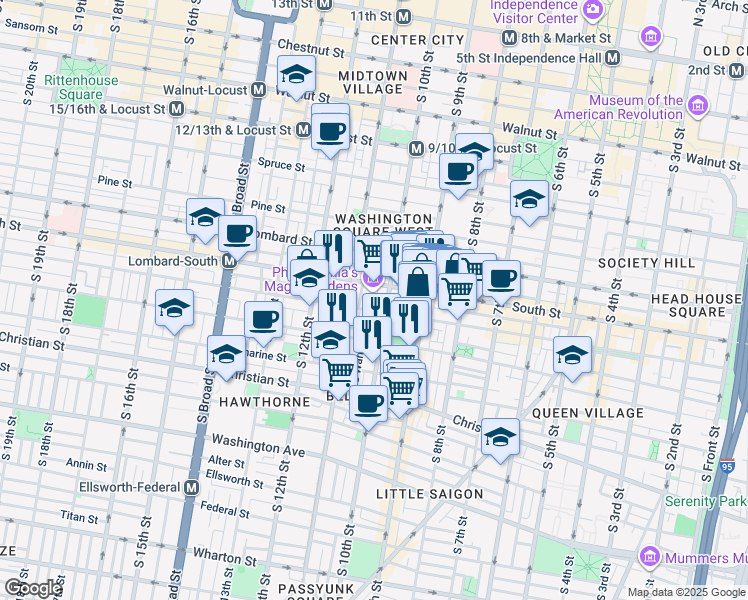map of restaurants, bars, coffee shops, grocery stores, and more near 624 South Alder Street in Philadelphia