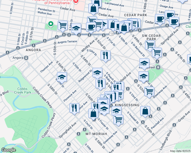 map of restaurants, bars, coffee shops, grocery stores, and more near 5415 Beaumont Avenue in Philadelphia