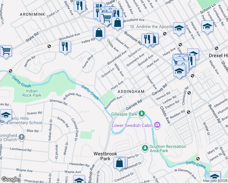 map of restaurants, bars, coffee shops, grocery stores, and more near 4430 Huey Avenue in Drexel Hill