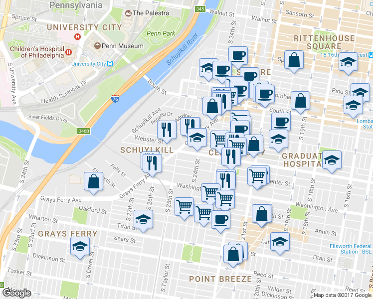 map of restaurants, bars, coffee shops, grocery stores, and more near 2435 Christian Street in Philadelphia