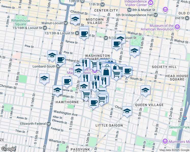 map of restaurants, bars, coffee shops, grocery stores, and more near 624 South Alder Street in Philadelphia