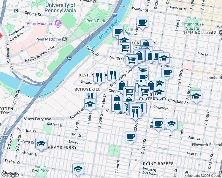 map of restaurants, bars, coffee shops, grocery stores, and more near 2435 Christian Street in Philadelphia