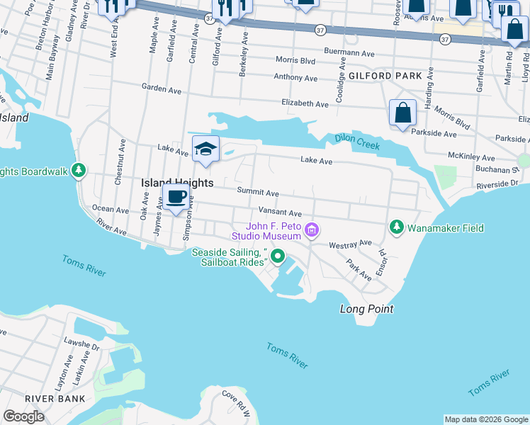 map of restaurants, bars, coffee shops, grocery stores, and more near 152 Vansant Avenue in Island Heights