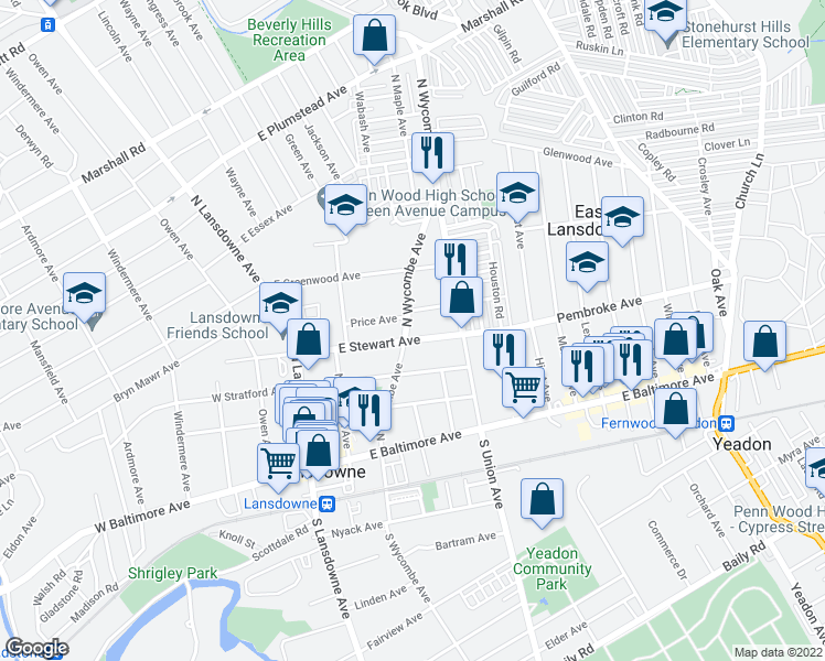 map of restaurants, bars, coffee shops, grocery stores, and more near 93 East Stewart Avenue in Lansdowne