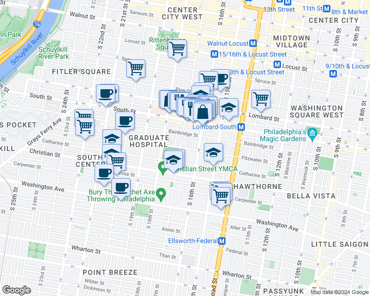 map of restaurants, bars, coffee shops, grocery stores, and more near 1635 Fitzwater Street in Philadelphia