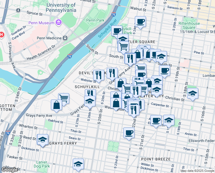 map of restaurants, bars, coffee shops, grocery stores, and more near 2501 Christian Street in Philadelphia