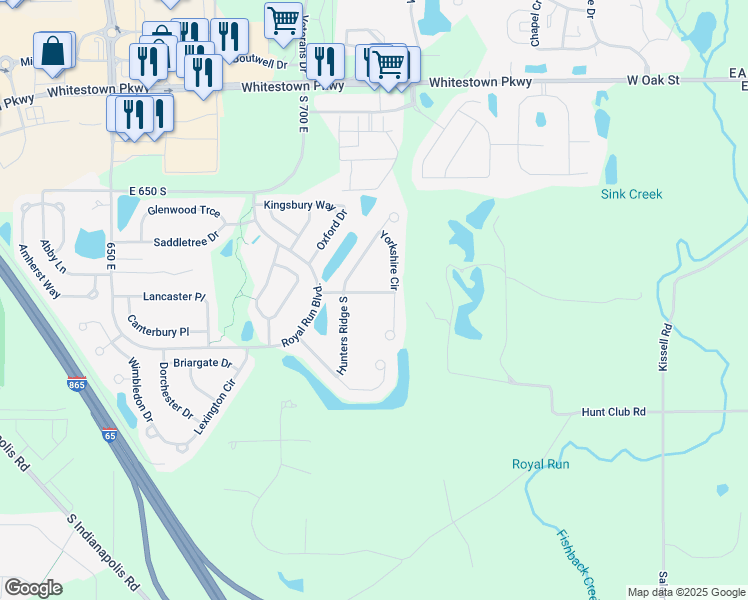 map of restaurants, bars, coffee shops, grocery stores, and more near 6781 Hampshire Drive in Zionsville
