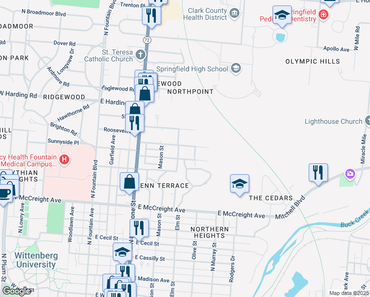 map of restaurants, bars, coffee shops, grocery stores, and more near 405 Warren Drive in Springfield