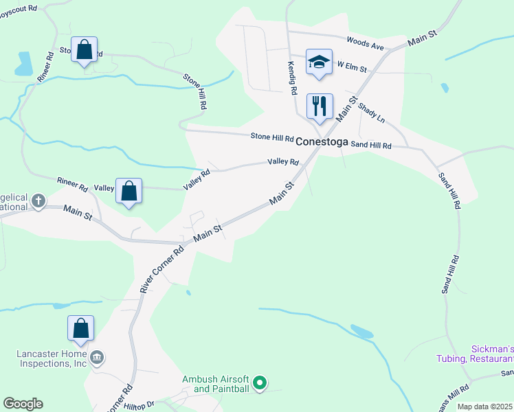 map of restaurants, bars, coffee shops, grocery stores, and more near 3211 Main Street in Conestoga