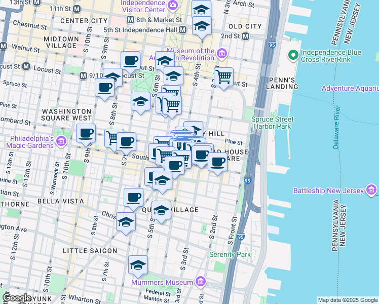 map of restaurants, bars, coffee shops, grocery stores, and more near 332 Lombard Street in Philadelphia