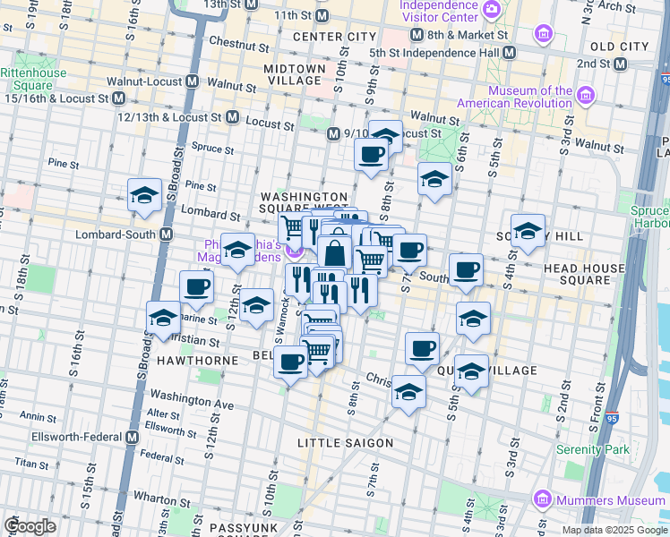 map of restaurants, bars, coffee shops, grocery stores, and more near 604 South 9th Street in Philadelphia
