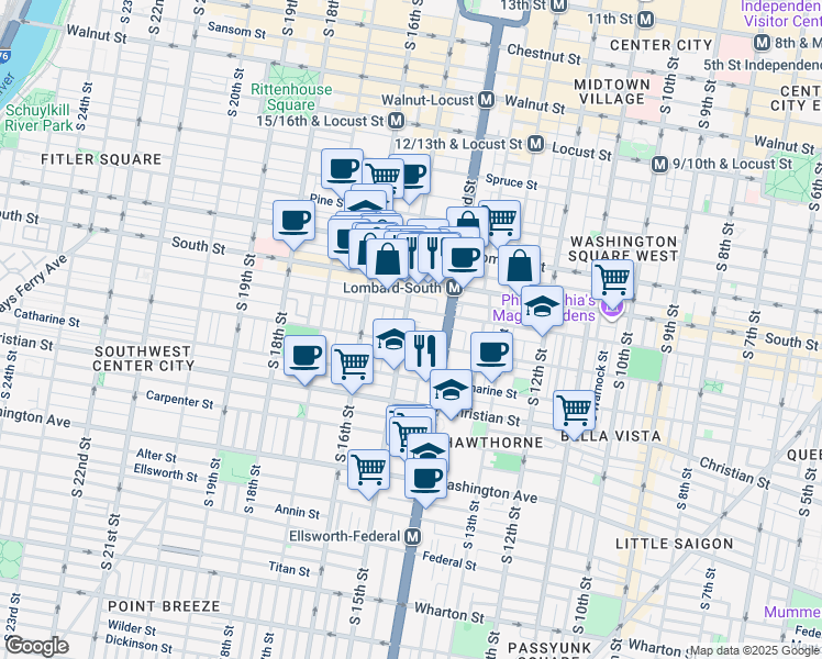 map of restaurants, bars, coffee shops, grocery stores, and more near 1430 Pemberton Street in Philadelphia