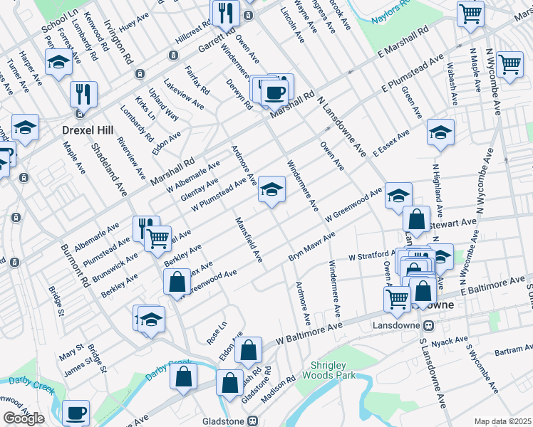 map of restaurants, bars, coffee shops, grocery stores, and more near 182 Berkley Avenue in Lansdowne