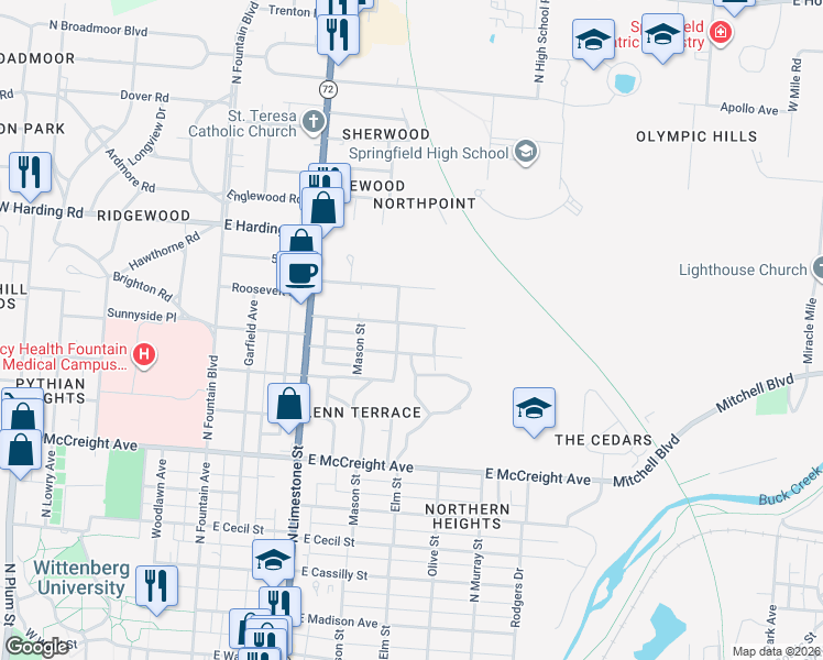 map of restaurants, bars, coffee shops, grocery stores, and more near 405 Warren Drive in Springfield