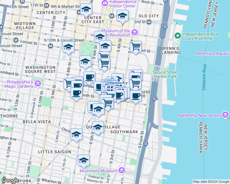 map of restaurants, bars, coffee shops, grocery stores, and more near 332 Lombard Street in Philadelphia