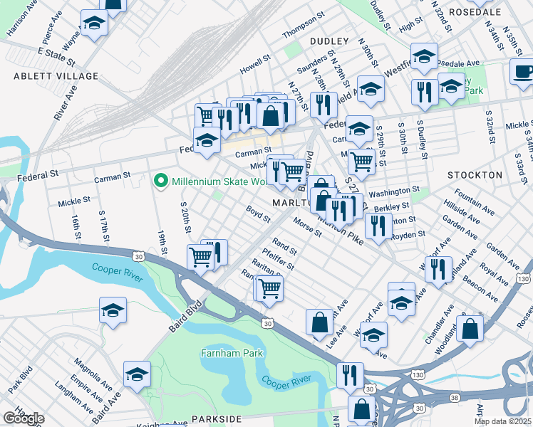 map of restaurants, bars, coffee shops, grocery stores, and more near 259 Boyd Street in Camden