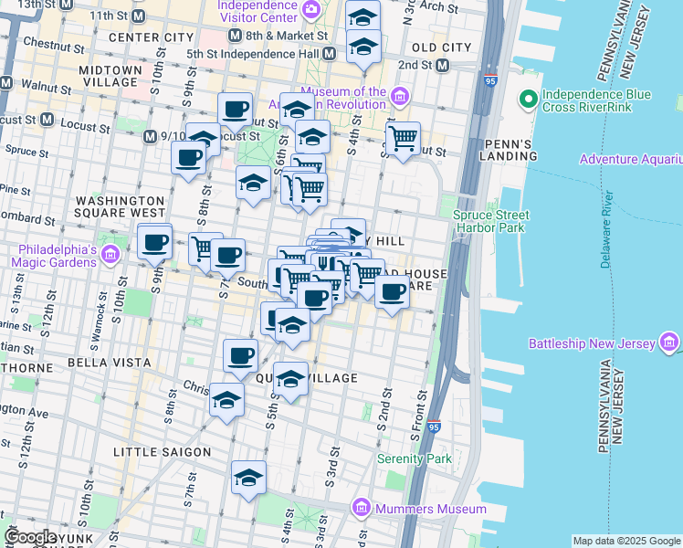 map of restaurants, bars, coffee shops, grocery stores, and more near 324 Gaskill Street in Philadelphia