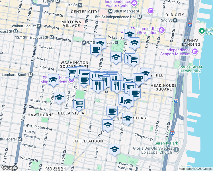 map of restaurants, bars, coffee shops, grocery stores, and more near 607 South 7th Street in Philadelphia
