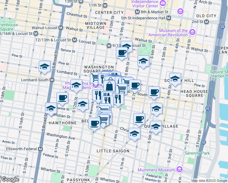 map of restaurants, bars, coffee shops, grocery stores, and more near 618 South 9th Street in Philadelphia