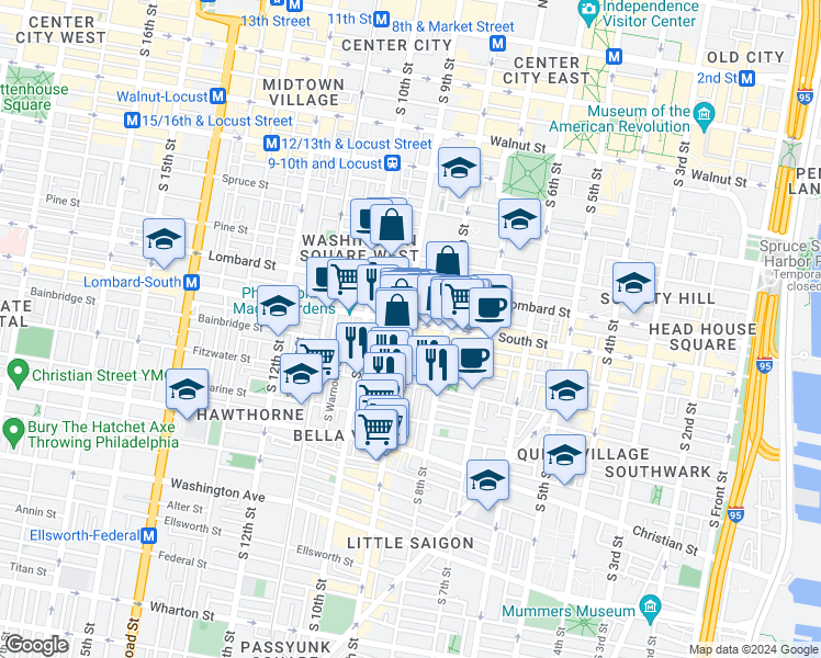 map of restaurants, bars, coffee shops, grocery stores, and more near 618 South 9th Street in Philadelphia