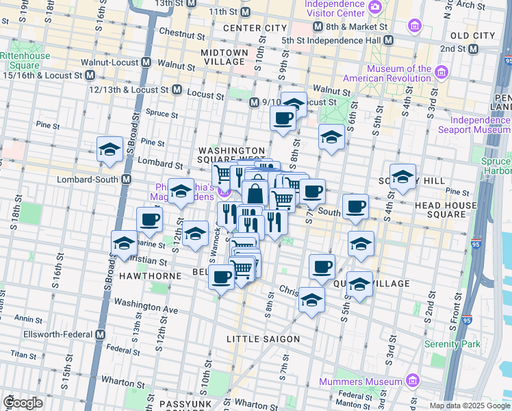 map of restaurants, bars, coffee shops, grocery stores, and more near 618 South 9th Street in Philadelphia