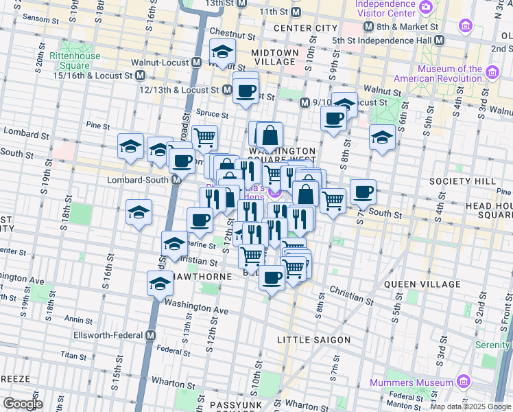 map of restaurants, bars, coffee shops, grocery stores, and more near 704 South 11th Street in Philadelphia