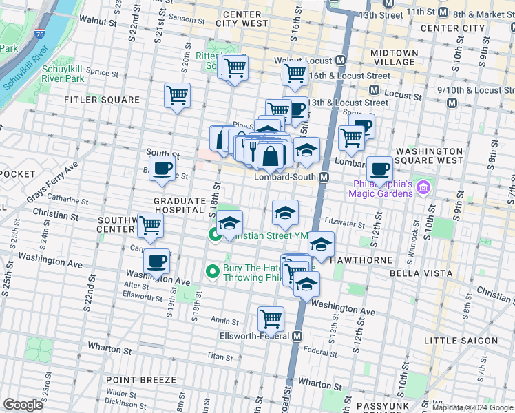 map of restaurants, bars, coffee shops, grocery stores, and more near 742 South 16th Street in Philadelphia