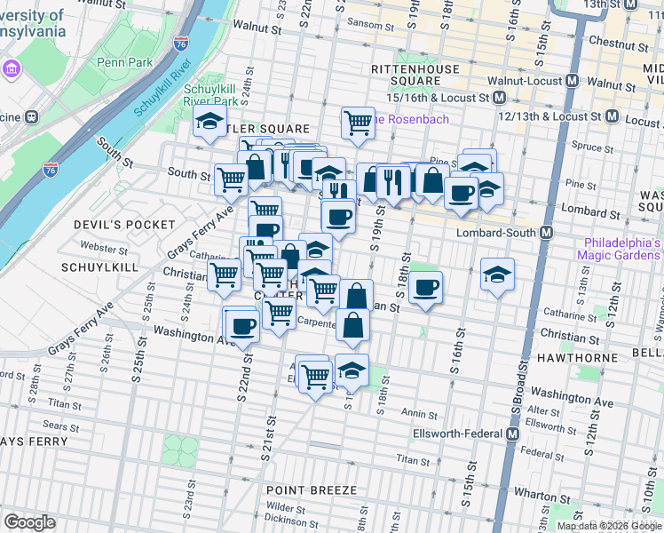 map of restaurants, bars, coffee shops, grocery stores, and more near 777 South 20th Street in Philadelphia