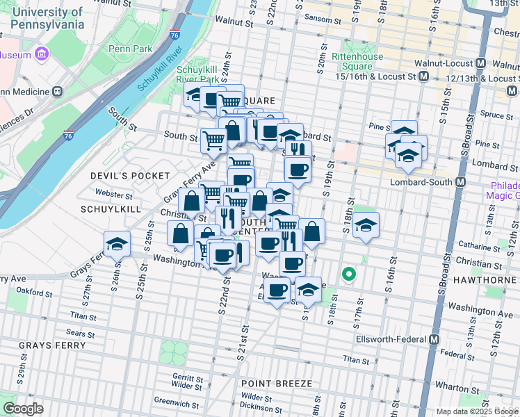 map of restaurants, bars, coffee shops, grocery stores, and more near 759 South 22nd Street in Philadelphia