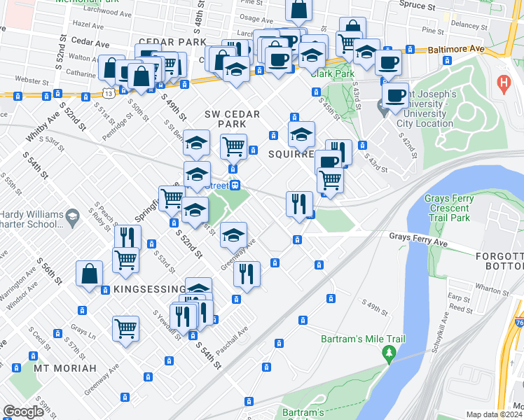 map of restaurants, bars, coffee shops, grocery stores, and more near 1255 Greylock Street in Philadelphia