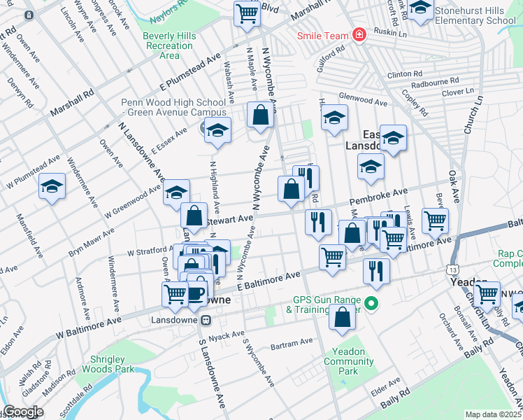 map of restaurants, bars, coffee shops, grocery stores, and more near in Lansdowne