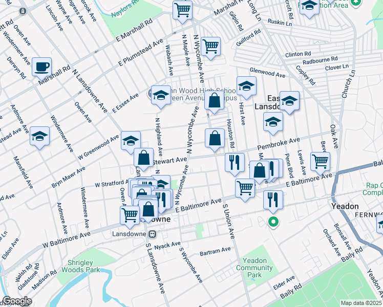 map of restaurants, bars, coffee shops, grocery stores, and more near in Lansdowne