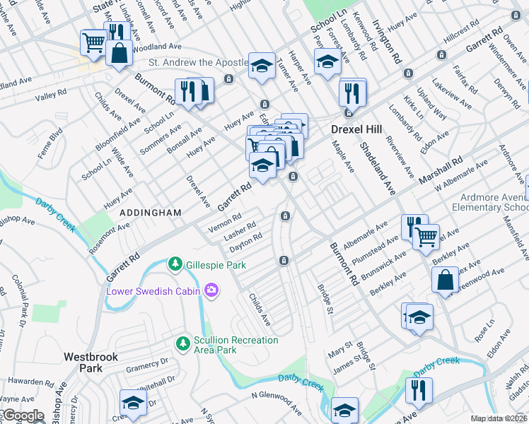 map of restaurants, bars, coffee shops, grocery stores, and more near in Drexel Hill