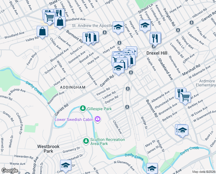 map of restaurants, bars, coffee shops, grocery stores, and more near 4101 Vernon Road in Drexel Hill