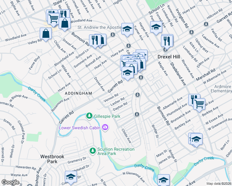 map of restaurants, bars, coffee shops, grocery stores, and more near 4101 Vernon Road in Drexel Hill