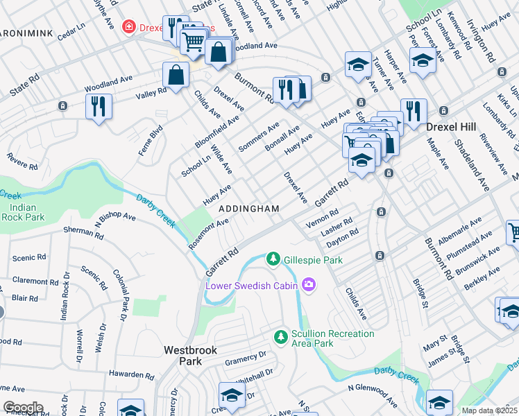 map of restaurants, bars, coffee shops, grocery stores, and more near in Drexel Hill