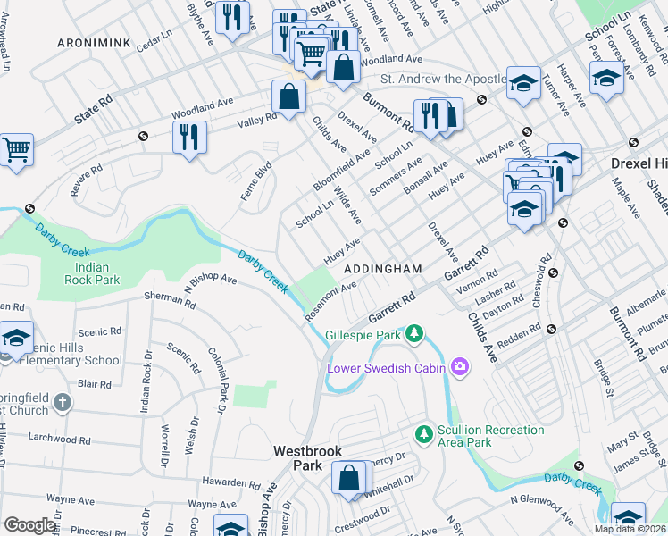 map of restaurants, bars, coffee shops, grocery stores, and more near 4430 Huey Avenue in Drexel Hill