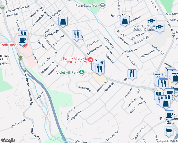 map of restaurants, bars, coffee shops, grocery stores, and more near 379 Tri Hill Road in York