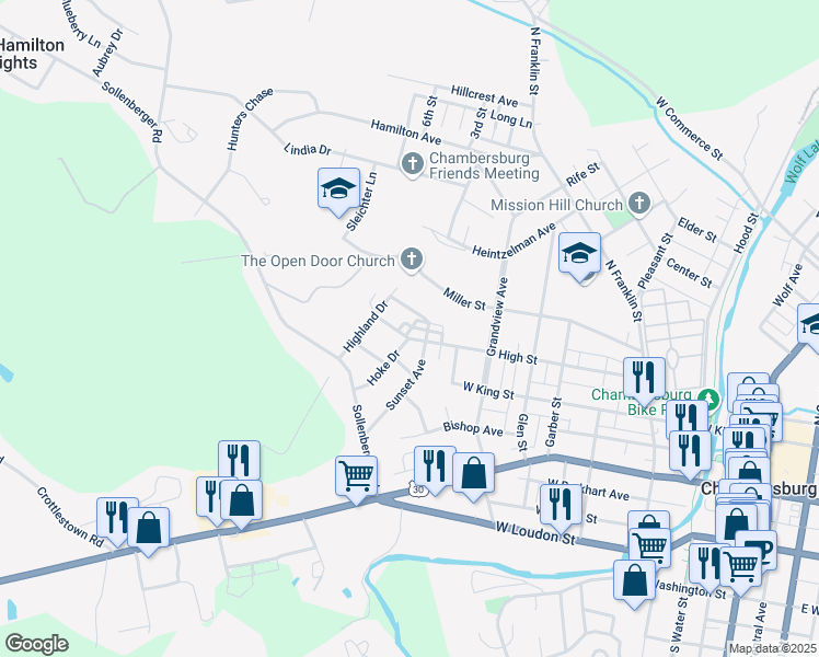map of restaurants, bars, coffee shops, grocery stores, and more near 811 High Street in Chambersburg