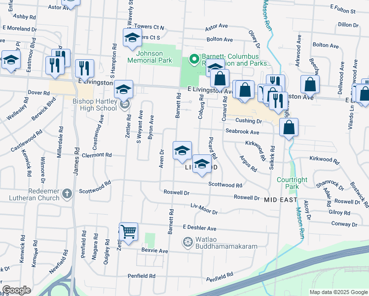 map of restaurants, bars, coffee shops, grocery stores, and more near 1451 Barnett Road in Columbus