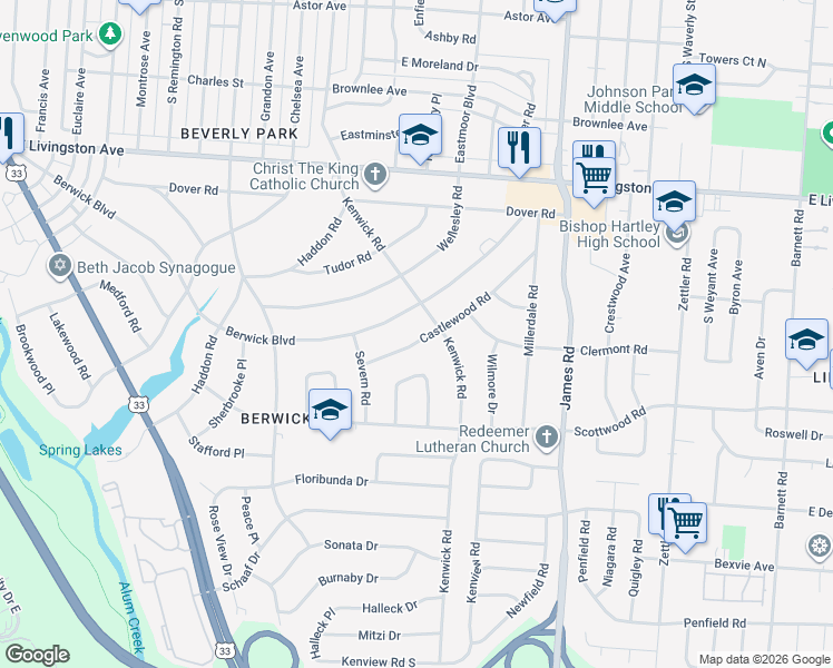 map of restaurants, bars, coffee shops, grocery stores, and more near 2780 Castlewood Road in Columbus